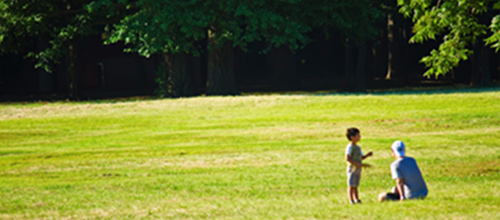 芝生で過ごす親子